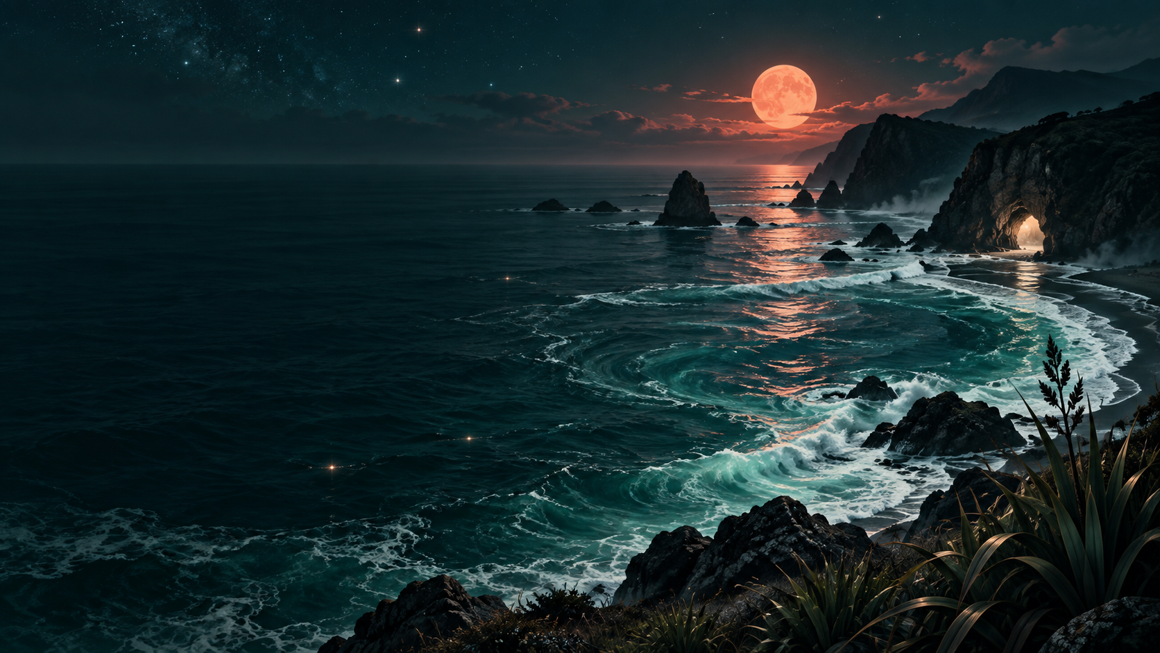 Moonlit ocean cove with a glowing tide current