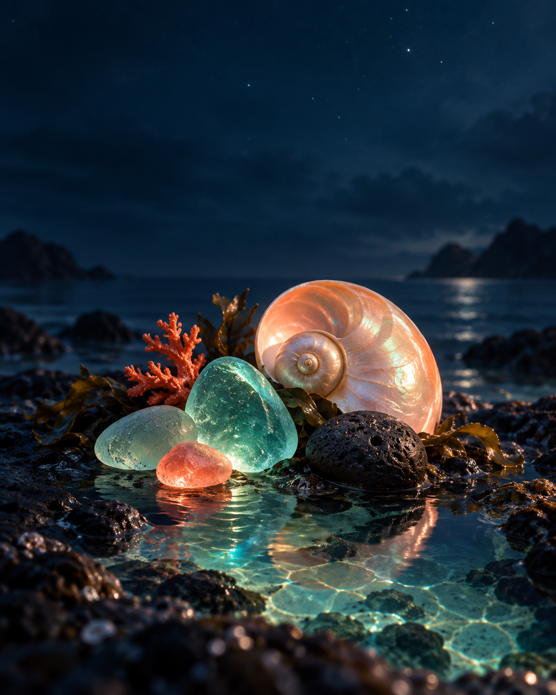 Sea glass, shell and volcanic stone resting in a glowing tide pool